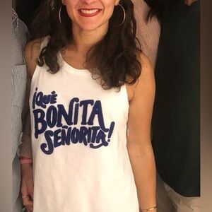 White Tank Top with Blue Graphic Text